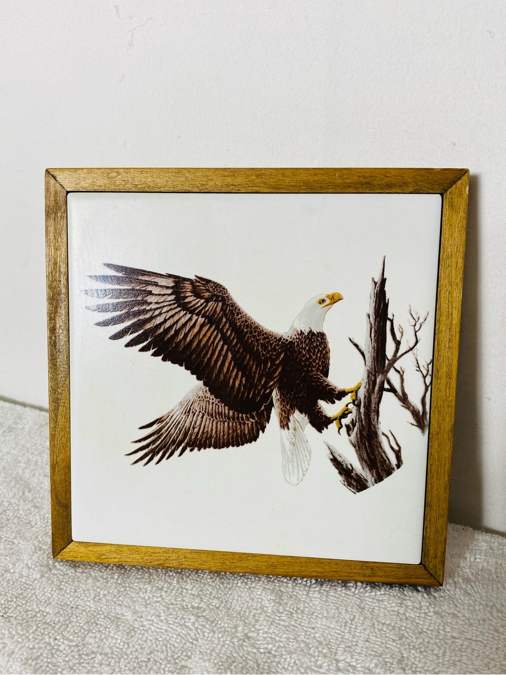 Vintage Don Bouzan BC Artisan Wood Framed Eagle Tile Trivet Plaque